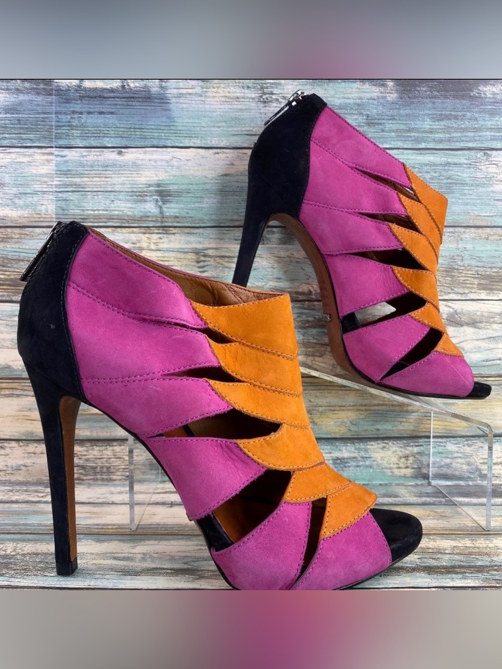 Schutz Ankle Booties Womens Size 7 Pink Orange Leather Stiletto Heel Open Toe